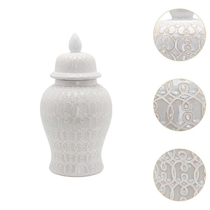Large White Patterned Ginger Jar with Lid H50cm