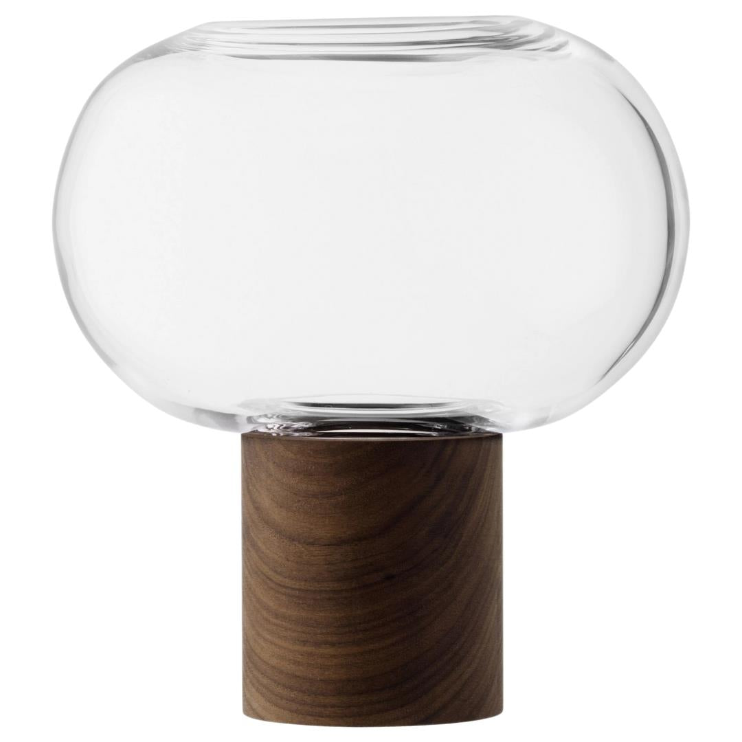 LSA Oblate Glass Vase Lantern 21.5cm with Walnut Base Clear
