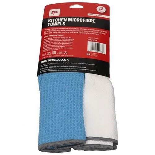 Dirt Devil Pack of 2 Kitchen Microfibre Towels 30 x 30cm Blue White