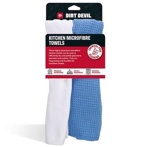Dirt Devil Pack of 2 Kitchen Microfibre Towels 30 x 30cm Blue White