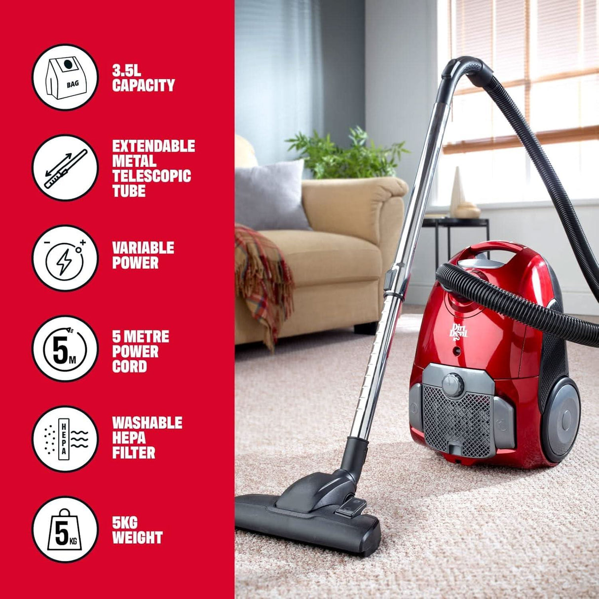 Dirt Devil DVLCY07 Bagged Cylinder Vacuum Cleaner 3.5L 700W Red