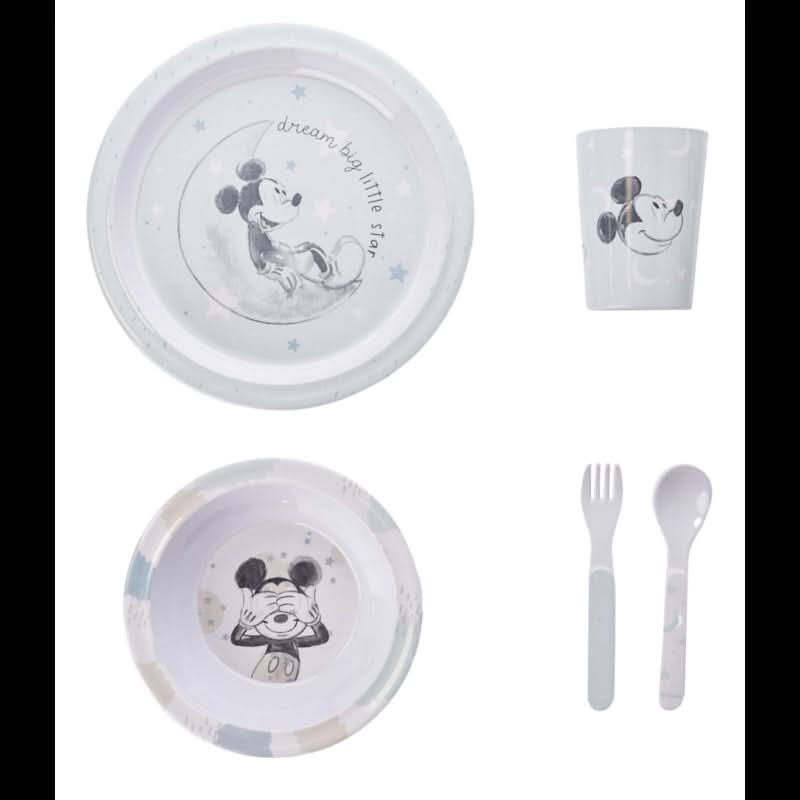 Disney Mickey Baby 5 Piece Melamine Feeding Set Cup Bowl Plate Cutlery Blue