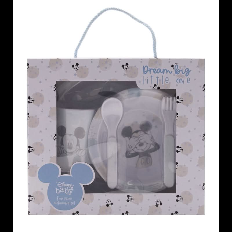 Disney Mickey Baby 5 Piece Melamine Feeding Set Cup Bowl Plate Cutlery Blue