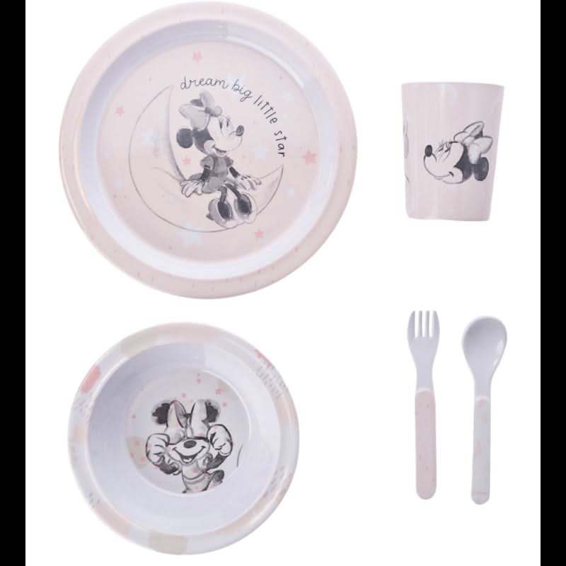 Disney Minnie Baby 5 Piece Melamine Feeding Set Cup Bowl Plate Cutlery Pink