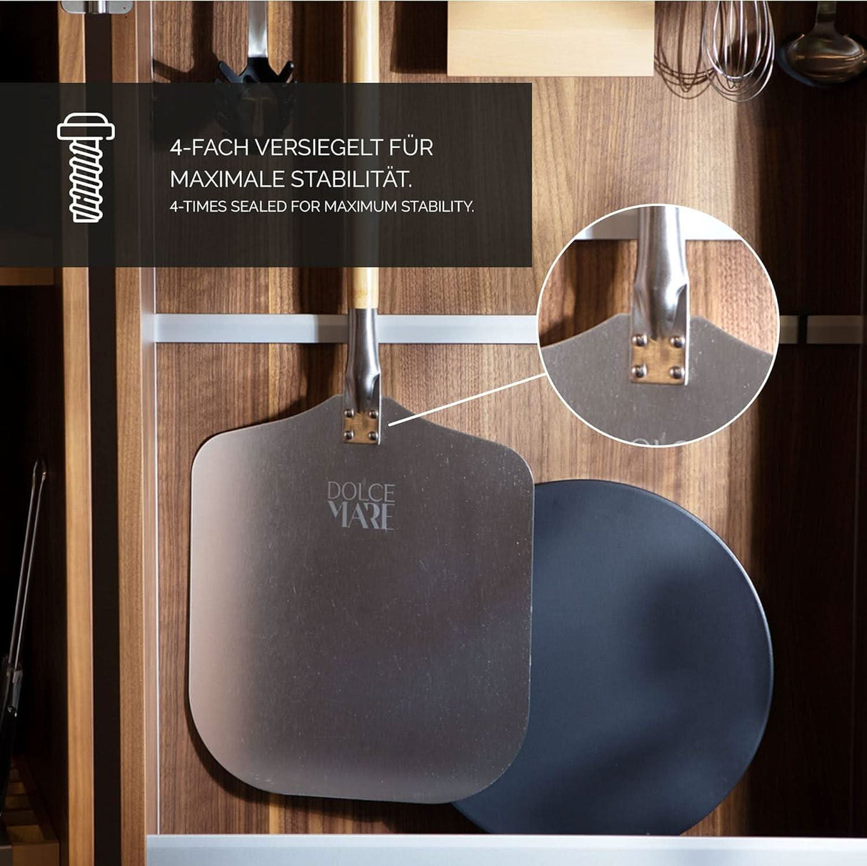 Dolce Mare Round Black Pizza Stone with Aluminium Pizza Peel for Oven, Gas and Coal Grills