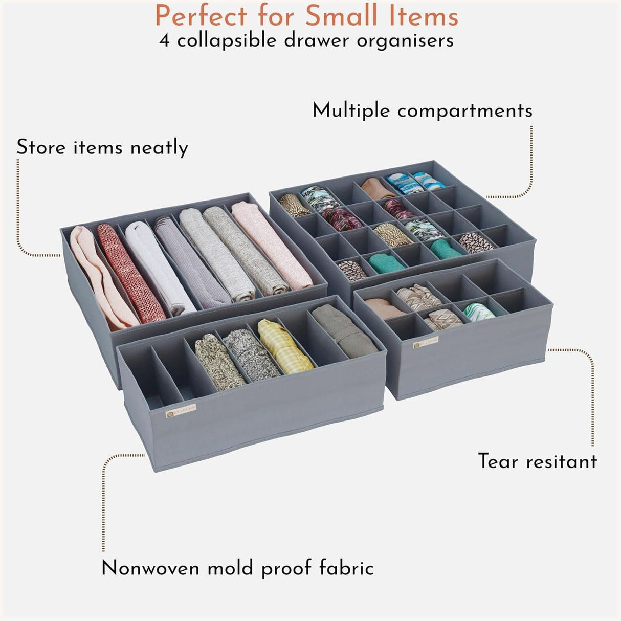 Folderable Clothes Drawer Organiser Storage Set of 4 Grey
