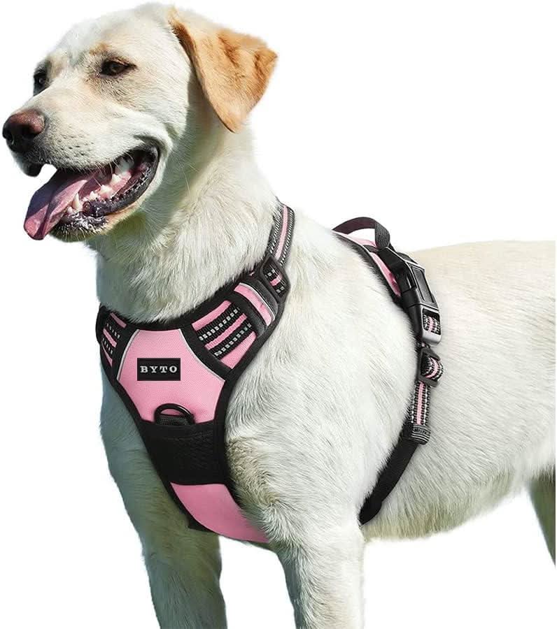 BYTO No Pull Dog Harness Set Reflective Strips 5ft Dog Lead Medium Pink