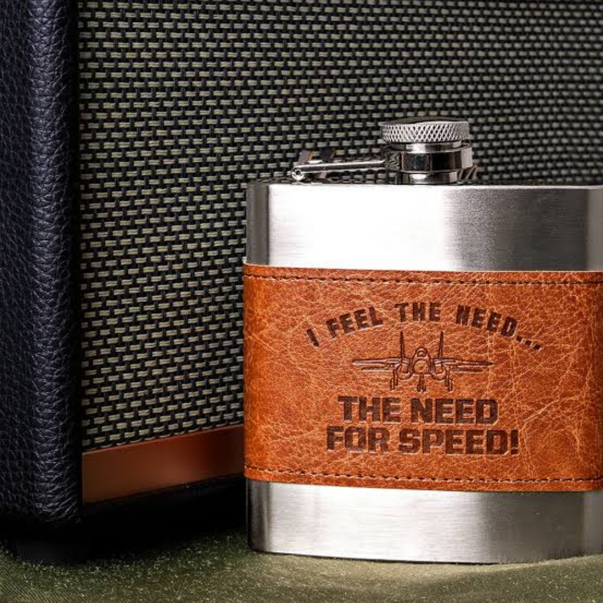 Top Gun Stainless Steel 6oz Hip Flask with Faux Leather Sleeve Brown