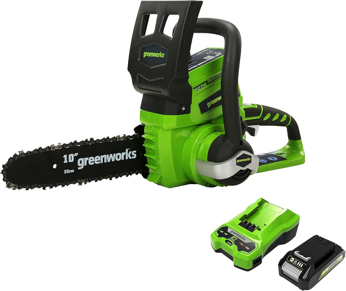 Greenworks 24V 25cm Chainsaw with 2Ah Battery and Charger Green