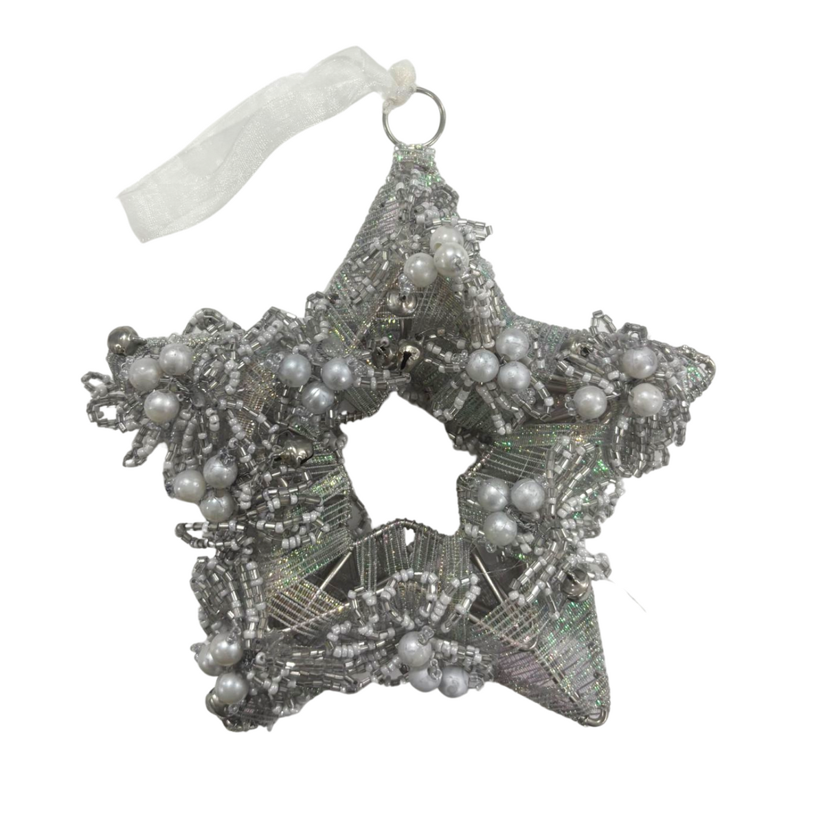 Silver Snowflake Tree Topper Beaded Star with Ribbon