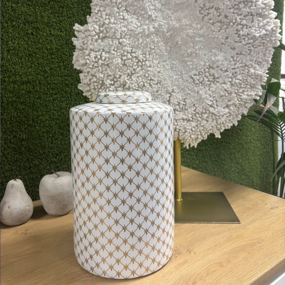 Decorative 33cm Tall White Vase with Gold Geometric Motif