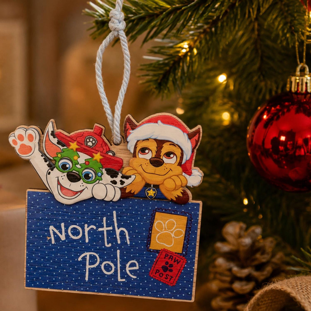 Paw Patrol Chase and Marshall North Pole Wooden Chritsmas Hanging Decoration