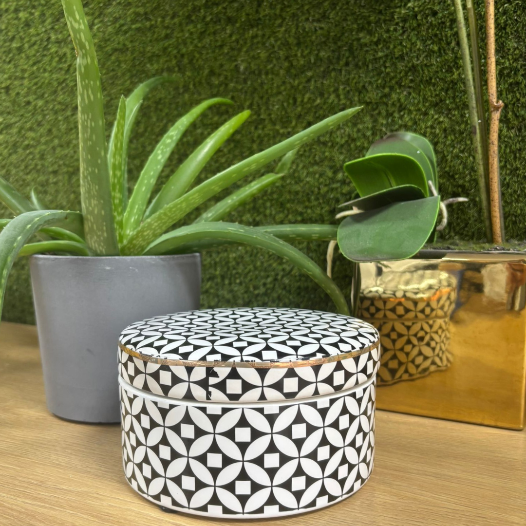 Black & White Geometric Lidded Jar 16.5cm Wide with Gold Rim