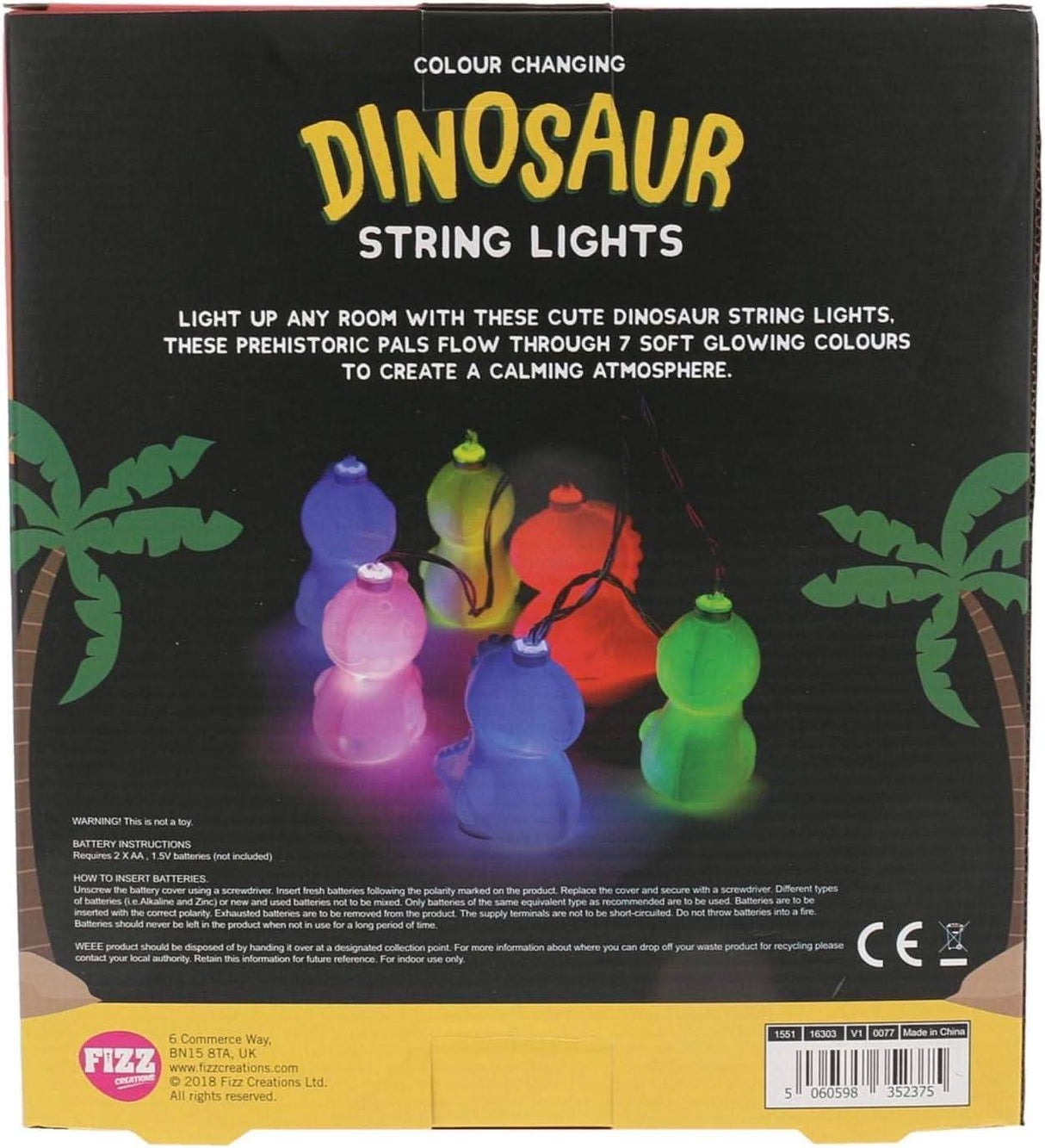 Dinosaur String Lights Multicolour LED Lights Battery Operated 2m