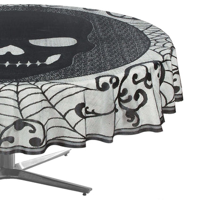 Fancy Dress Halloween skull lace tablecloth with black spider web and skull design on round table