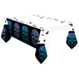 Fancy Dress Halloween skull tablecover with blue skulls and black bats on white background