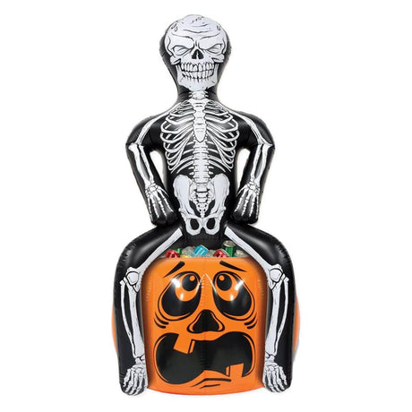 Fancy Dress inflatable skeleton cooler with black and white skeleton sitting on an orange pumpkin bucket