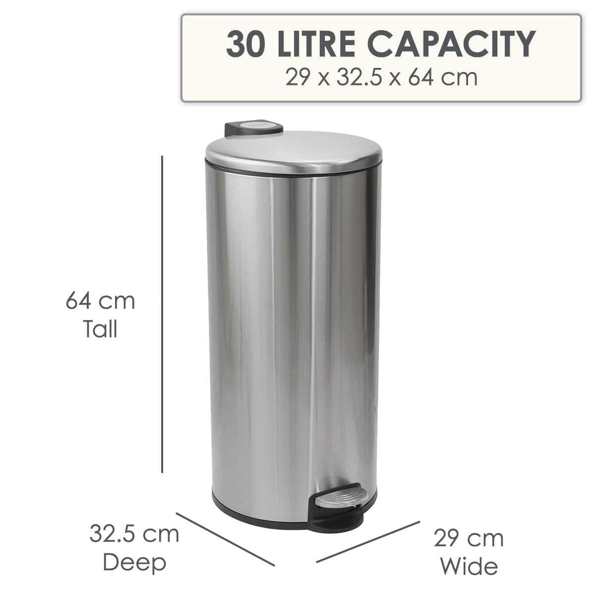 CALITEK 30 Litre Kitchen Bin Stainless Steel Odour Free Hands Free Operation with Fingerprint Proof Coating Silver