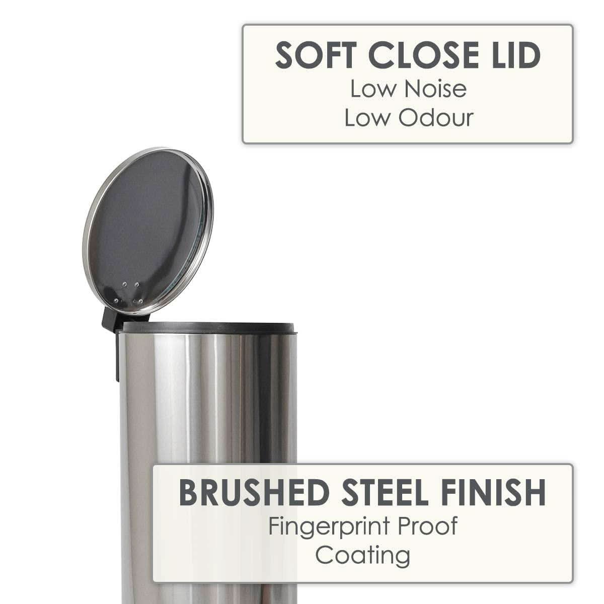 CALITEK 30 Litre Kitchen Bin Stainless Steel Odour Free Hands Free Operation with Fingerprint Proof Coating Silver