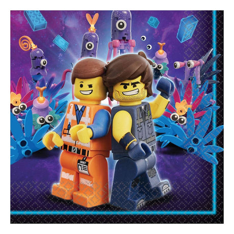 LEGO Movie party napkins featuring Emmet and LEGO characters on a colorful space background