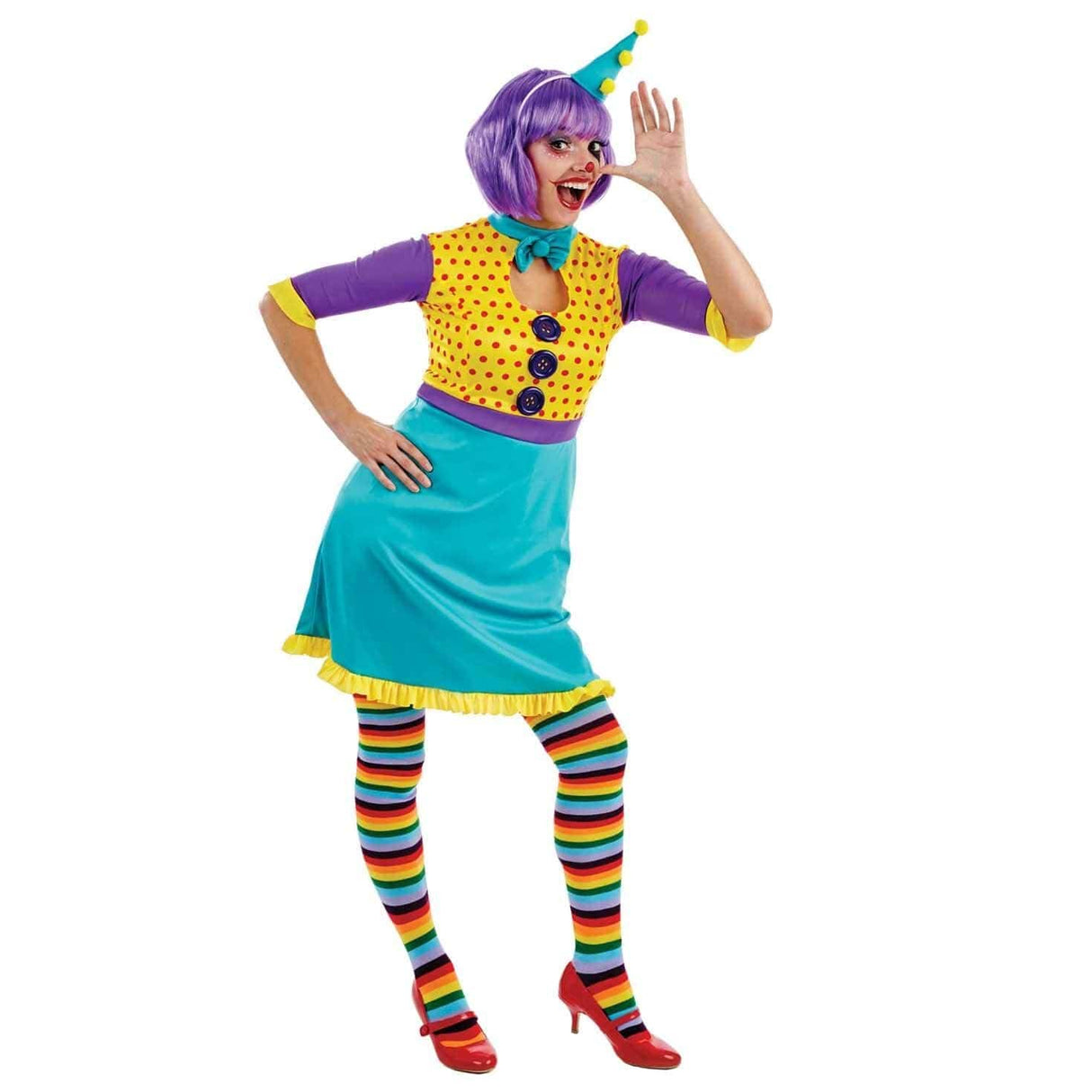 Women's Colourful Clown Fancy Dress Costume - S