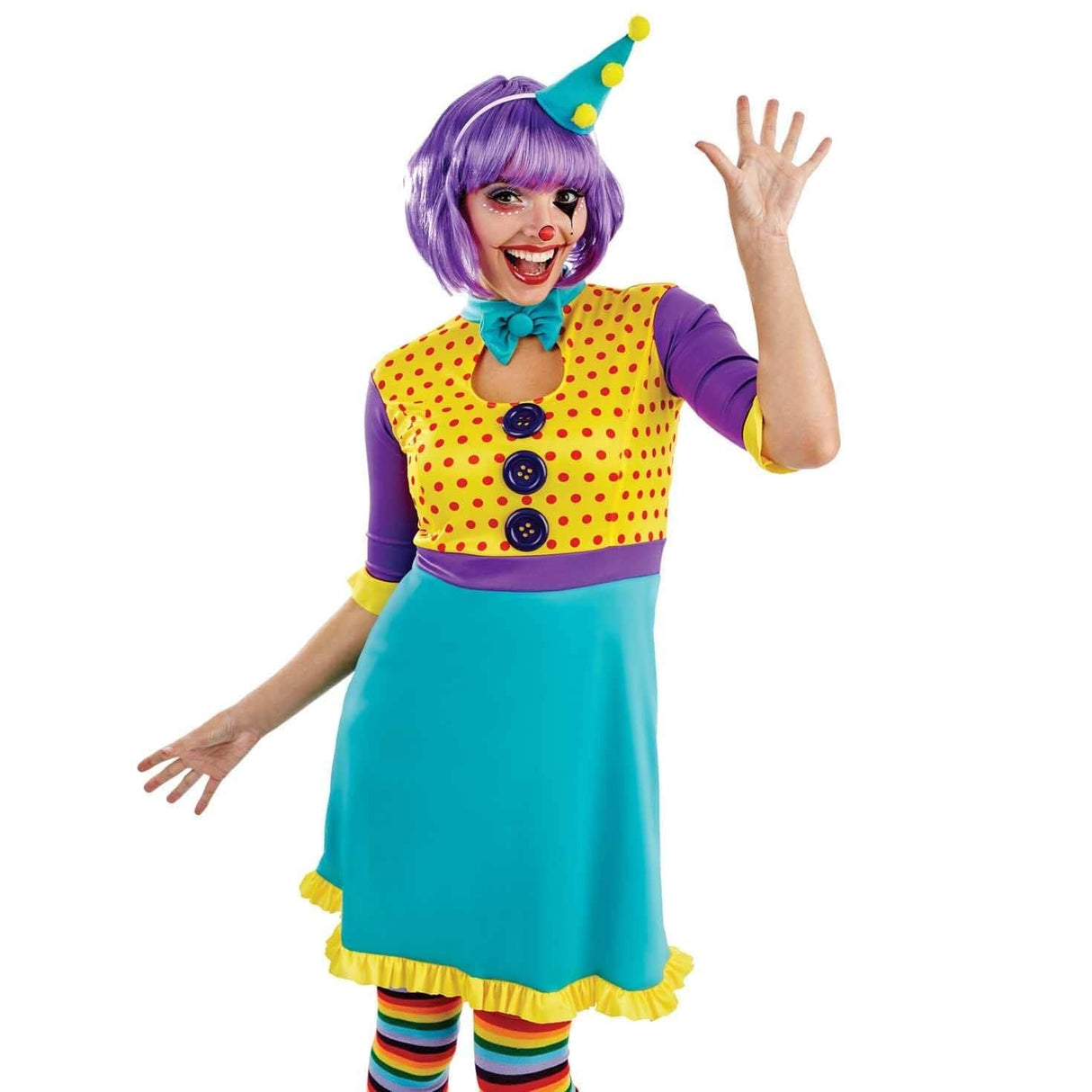 Women's Colourful Clown Fancy Dress Costume - S