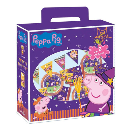 Peppa Pig Halloween tableware set in purple packaging with witch Peppa and festive spooky designs for 8 children