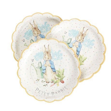 Set of three Fancy Dress Peter Rabbit party plates with scalloped edges and vintage rabbit illustration