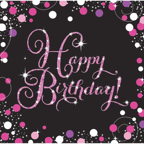 Fancy Dress pink birthday party napkins with glitter Happy Birthday text and colorful confetti design
