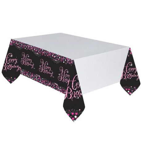 Fancy Dress pink birthday tablecover with Happy Birthday text and confetti design on black edges