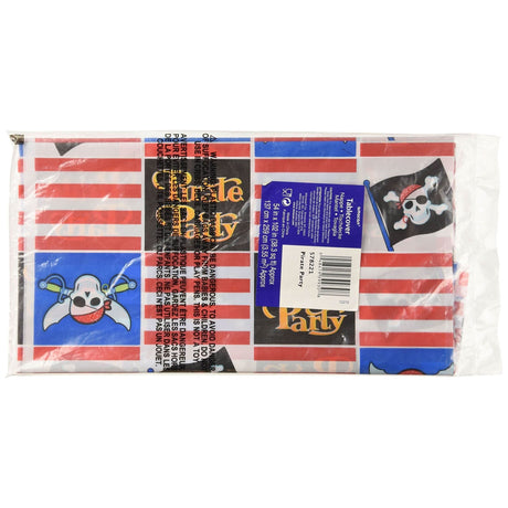 Fancy Dress pirate party tablecover with skull and crossbones design in red white and blue