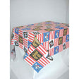 Fancy Dress pirate party tablecover with red white stripes and pirate skull designs