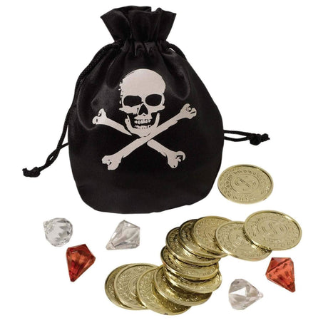 Black pirate treasure pouch with skull and crossbones design filled with gold coins and gem-like jewels