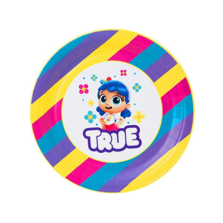 True and The Rainbow Kingdom party plates with colorful stripes and character True by Fancy Dress