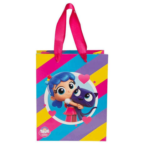Colorful themed gift bags for kids with cartoon girl and black cat design and pink handles