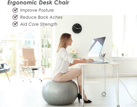 Woman sitting on a 65cm exercise ball with pump by Calitek as an ergonomic desk chair to improve posture