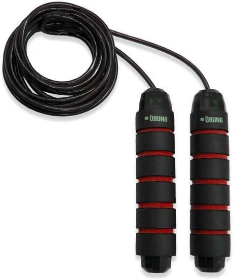 Calitek adjustable skipping rope with black foam grip handles and red accents for comfortable use