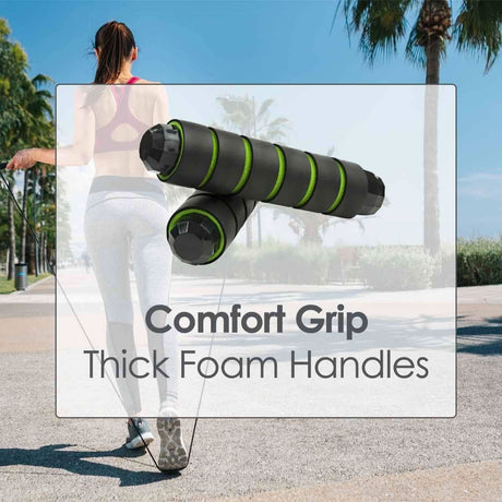 Calitek adjustable skipping rope with thick foam comfort grip handles in black and green