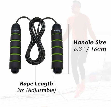 Calitek adjustable skipping rope with black and green handles and 3 meter adjustable length