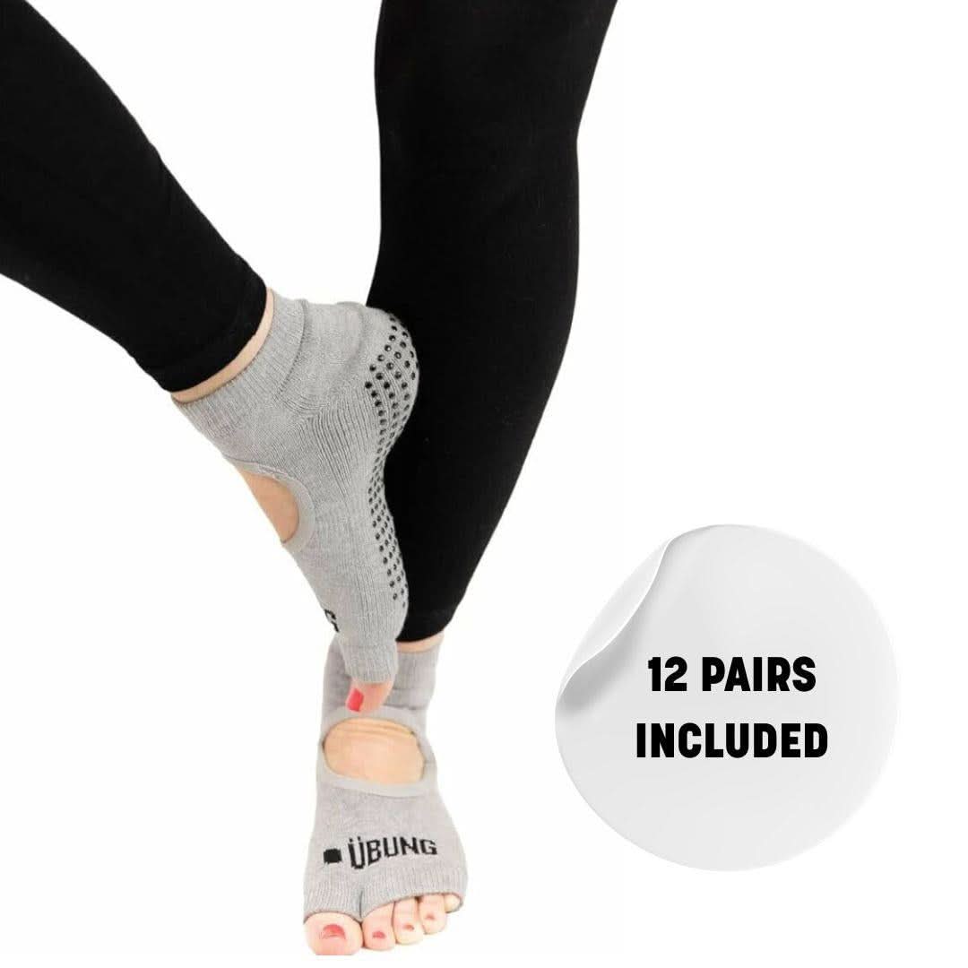 Ubung Grey Yoga CAL173 Non Slip Open Toe Socks Packs of 12 Size 4-9 UK Size