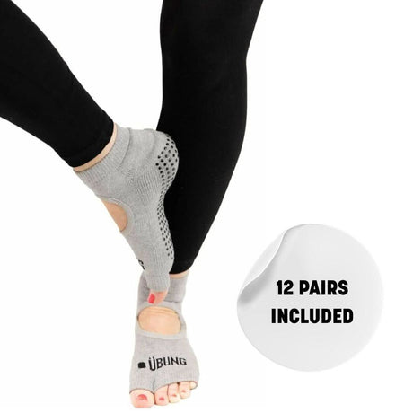 CLICCK Home Store grey non slip yoga socks worn on feet with toes exposed and 12 pairs included