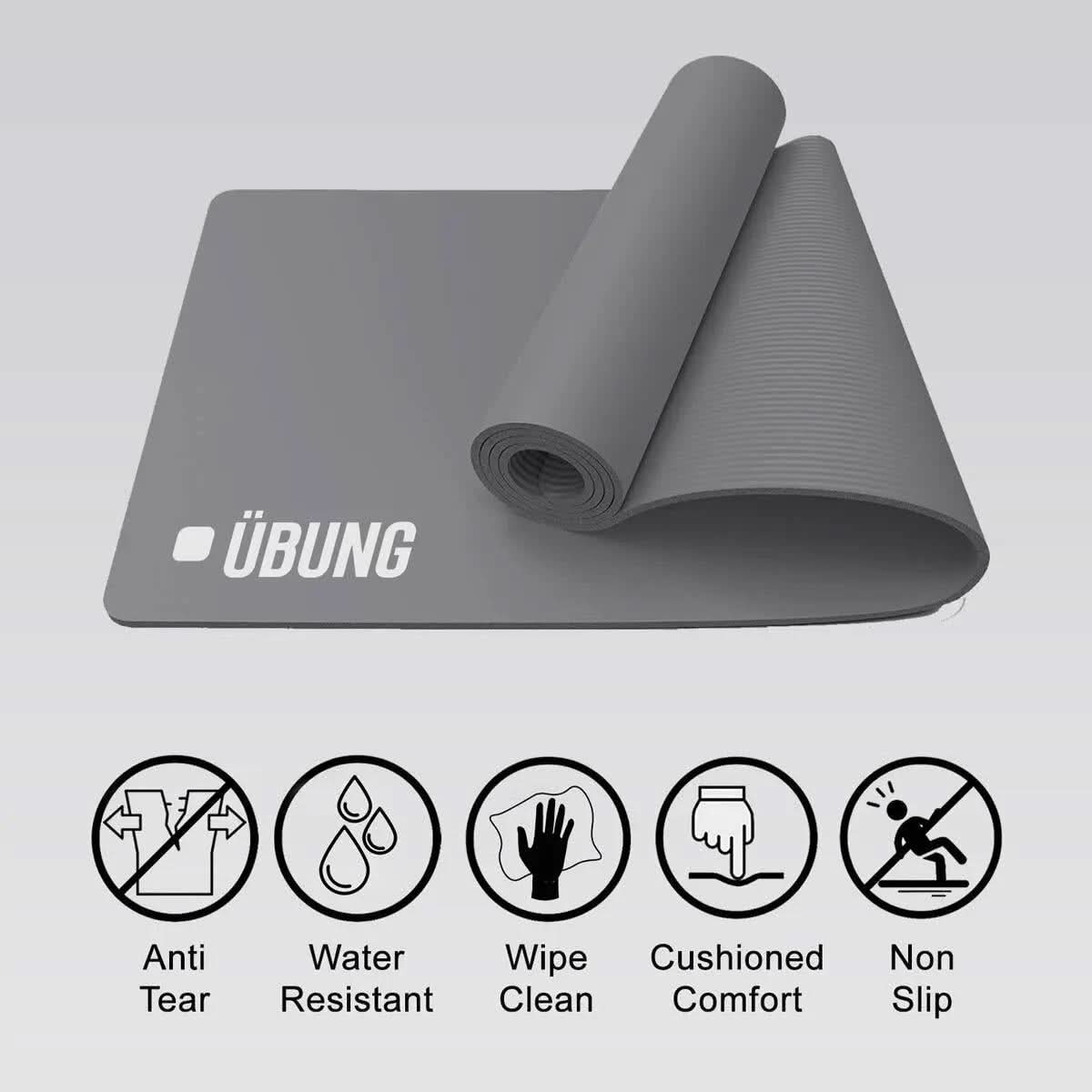 UBUNG Yoga Mat Non Slip with Carry Strap 10mm Thick Exercise Mat for Home Workouts Pilates Yoga Grey