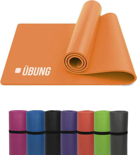 Calitek non-slip yoga mat in orange with rolled design and multiple color options displayed