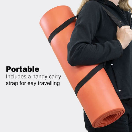 Calitek portable non-slip yoga mat in orange with a carry strap for easy traveling