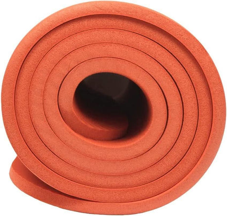 Rolled Calitek orange non-slip yoga mat for comfortable and secure exercise sessions