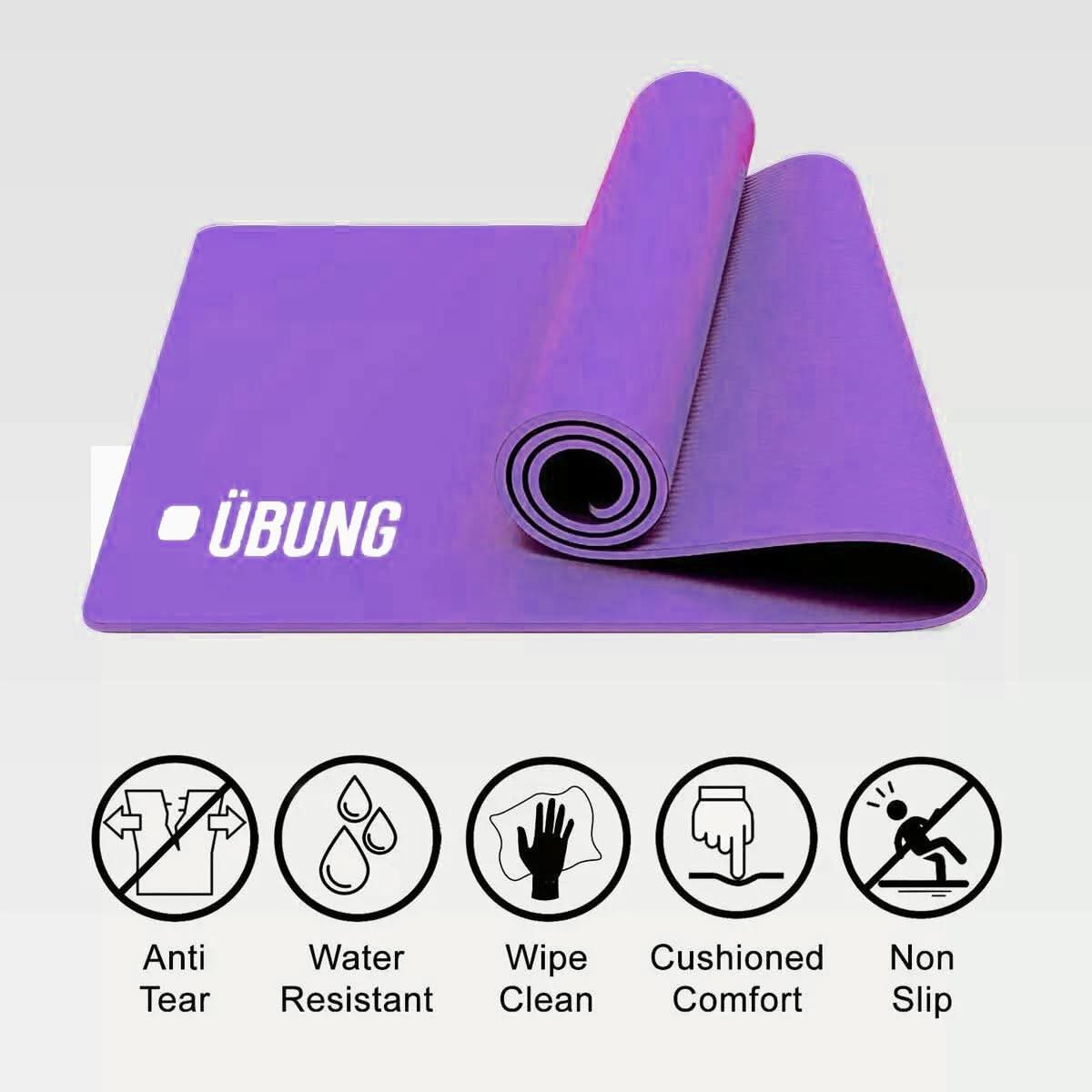 UBUNG Yoga Mat Non Slip with Carry Strap 10mm Thick Pilates Yoga Purple