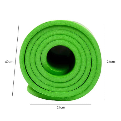 Calitek green non-slip yoga mat with strap rolled up showing dimensions 60 by 24 centimeters