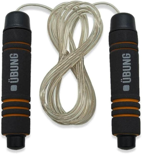 Weighted skipping rope for fitness with black foam handles and clear durable rope