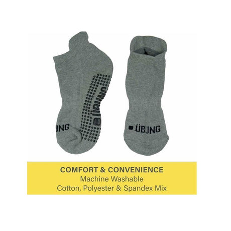 Gray women's yoga grip socks with non-slip dots on sole made of cotton polyester and spandex blend