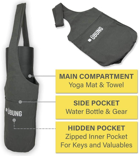 Calitek yoga kit bag with pockets in gray showing main compartment for yoga mat towel and side pocket for water bottle